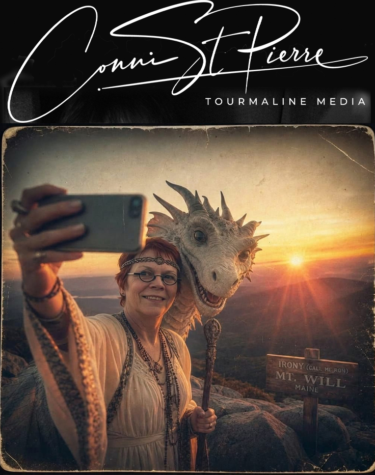 Conni with a dragon on the top of Mt Will - AI